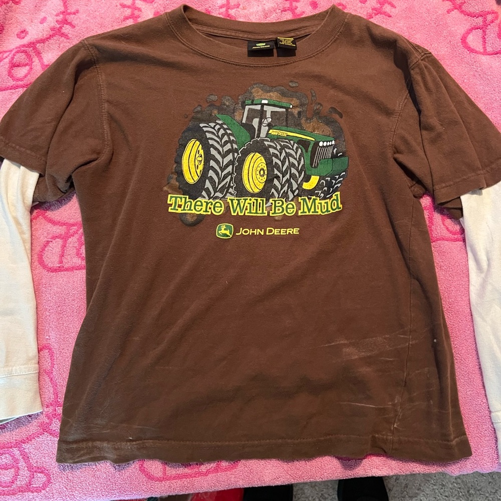 John Deere Brown Long Sleeve Kids Tee with Tractor Graphic